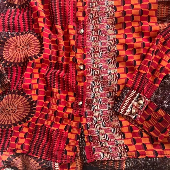 Sans Souci Orange Black Red Aztec Long Sleeve Button Down Sheer‎ Top Size Large - Picture 3 of 4